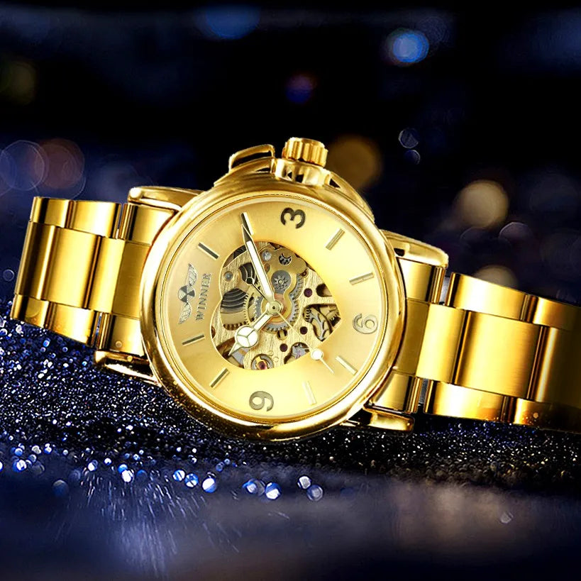 WINNER Fashion Elegant Ladies Watches Top Brand Luxury Skeleton Gold Automatic Mechanical Watch for Women Stainless Steel Strap