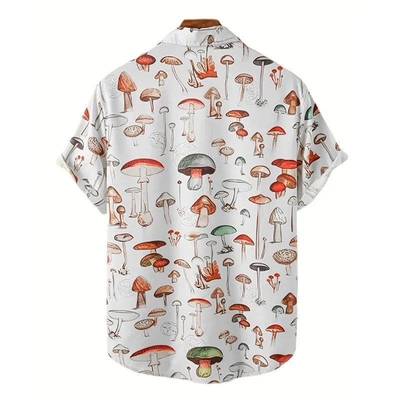 New Summer Men Hawaiian Style Shirt Fashion Casual Streetwear Turn-down Collar Short Sleeve Cartoon Mushroom Beach Printed Shirt