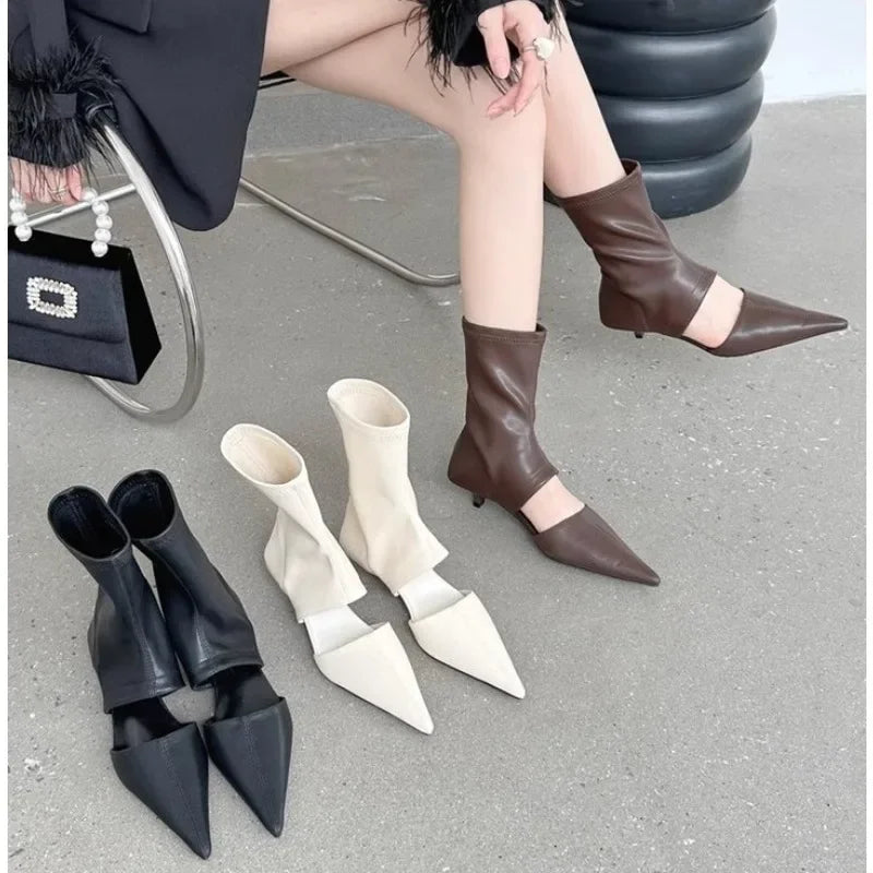 New Black Pointed Hollowed Out Cool Boots High Heel Shoes Sleeve Elastic Women's Boots Dress Shoes Stiletto Fashion Shoes Mujer