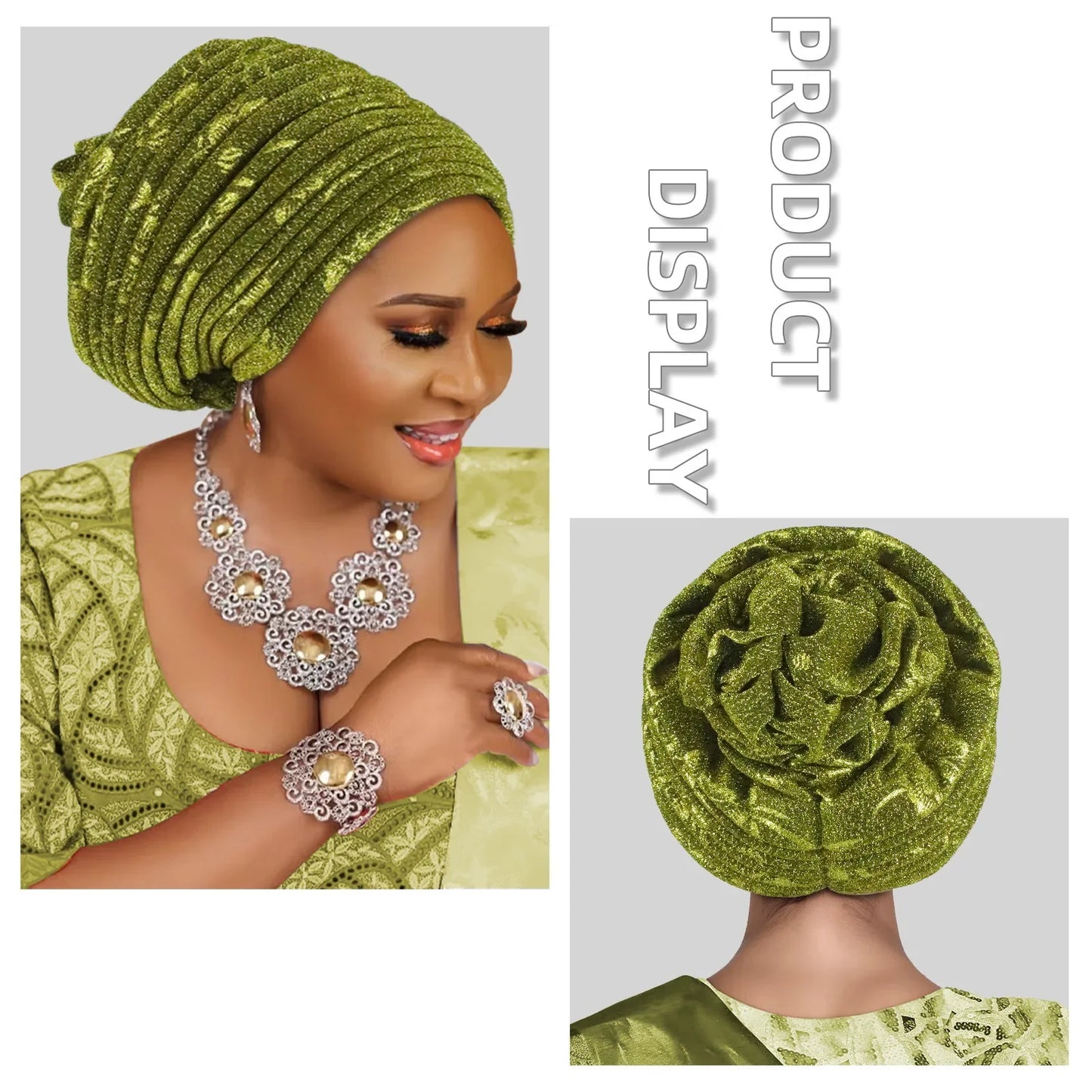 African Lady Headpiece Muslim Headscarf Hat Glitter Fabric Turban Cap for Women Pleated Head Wraps Bonnet