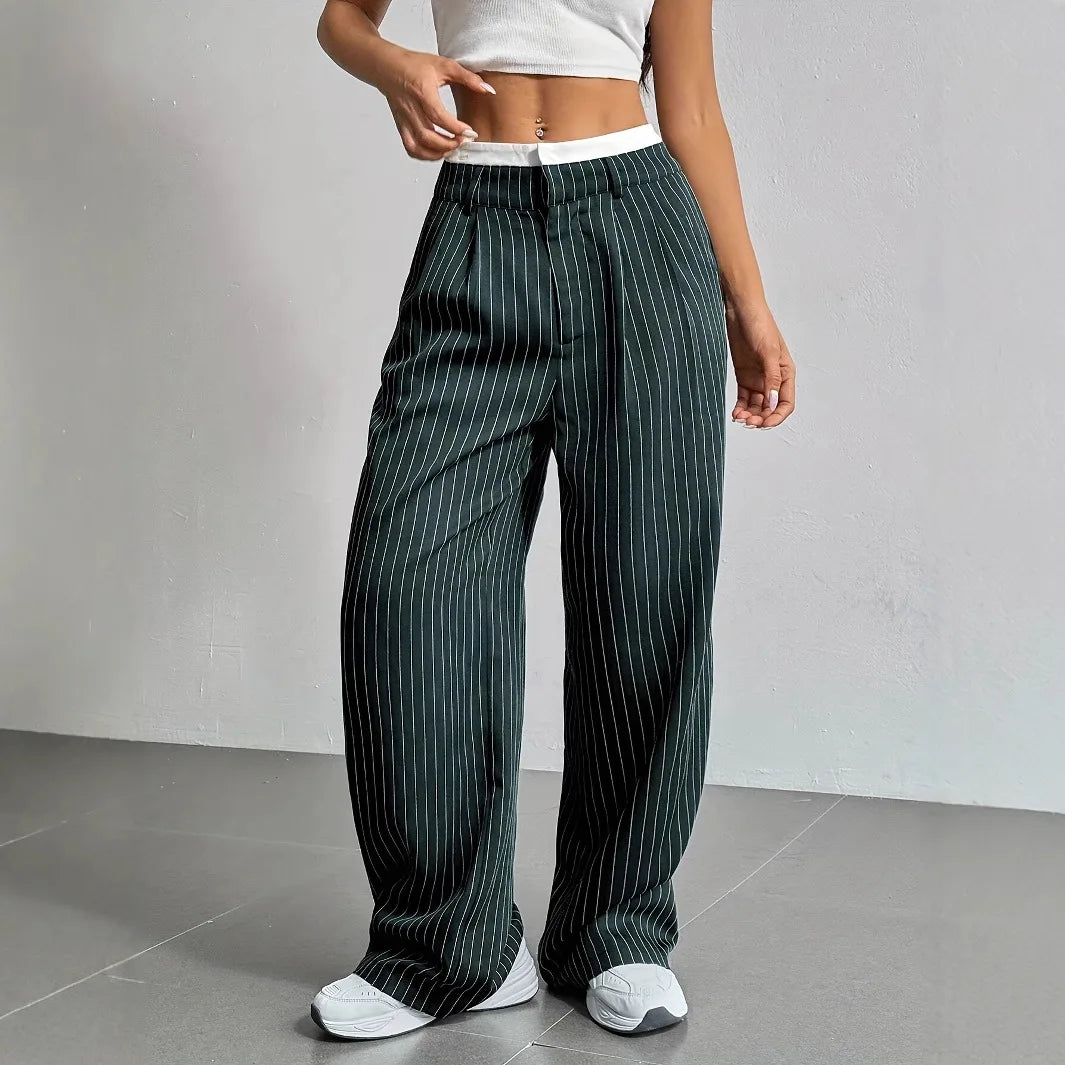 Fashion Pants Women's Stripe Straight Pants 2024 Autumn Winter High Waisted Casual Suit Pants Office Lady Women Trousers Bottoms BAZAARHUBO