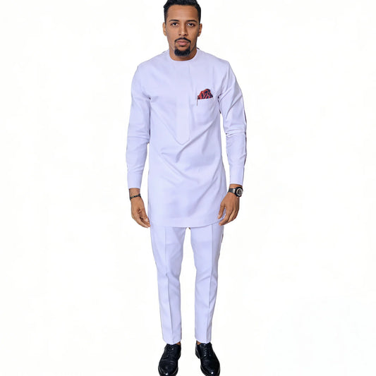 African Fashion Shirts Patch Trousers Solid White Pant Sets Senator Style Male Groom Suits Plus Size Party Wear African Clothes