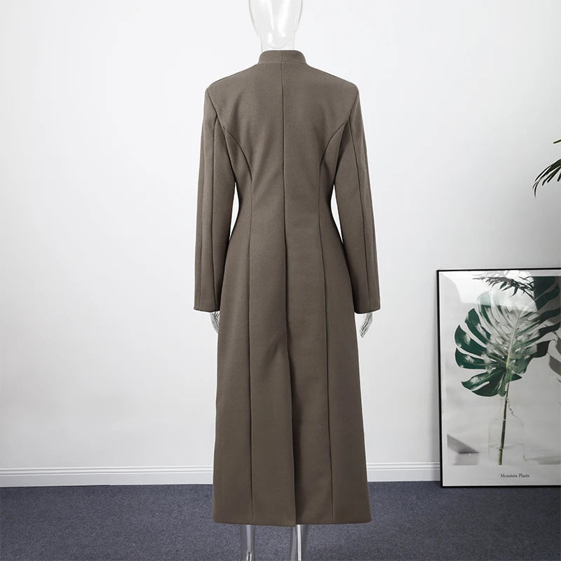 Elegant Long Coat Women V-neck Solid Slim Single-breasted Waist-closed Jackets Lady 2026 Spring Chic Female Streetwear