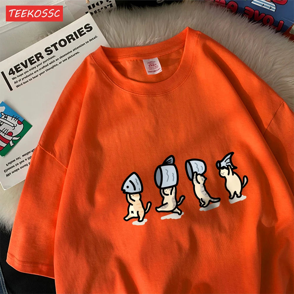 Four Little Cats Holding Fishcotton Women T-Shirts Cartoons Prints T Shirts Soft O-Neck Loose Short Sleeve Tops Summer Clothes