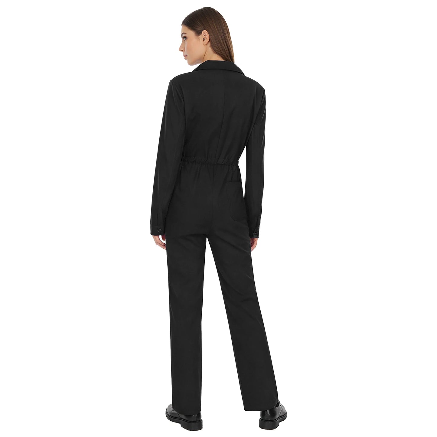Womens Coverall Solid Color Turn-Down Collar Long Sleeve Button Jumpsuit Mechanic Work Overalls Fashion Casual Cargo Rompers