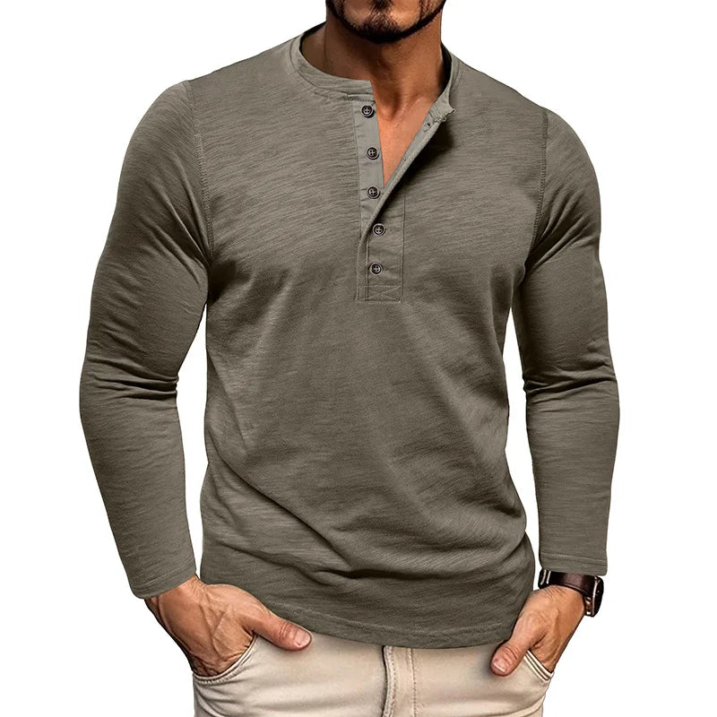New Autumn Long Sleeve T-Shirt Mens Casual Solid Color Top Henley Neck Slim Versatile Work T-shirt Breathable Outdoor Thin Tee