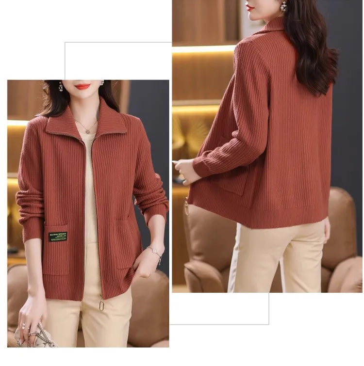 Knitted Cardigan Jacket Women Zipper Lapel Sweater Autumn Winter Outerwear