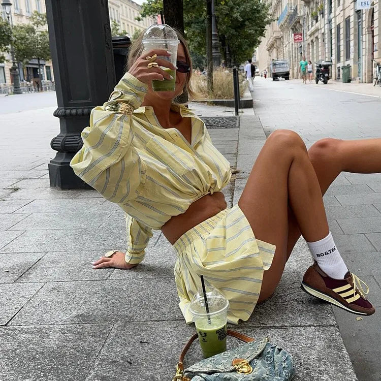 Casual Striped Long Sleeve Shirt And High Waist Skirt Two-Piece Set Women's Fashion Spring Outfit Teen Girls Casual Wear