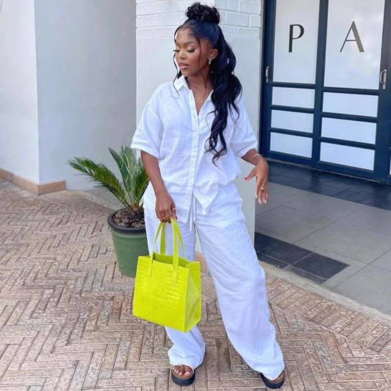 African Fashion Casual Solid Women Pant Sets Two Pieces Matching Set Short Sleeves Loose Shirt Elastic Waist Pants Set