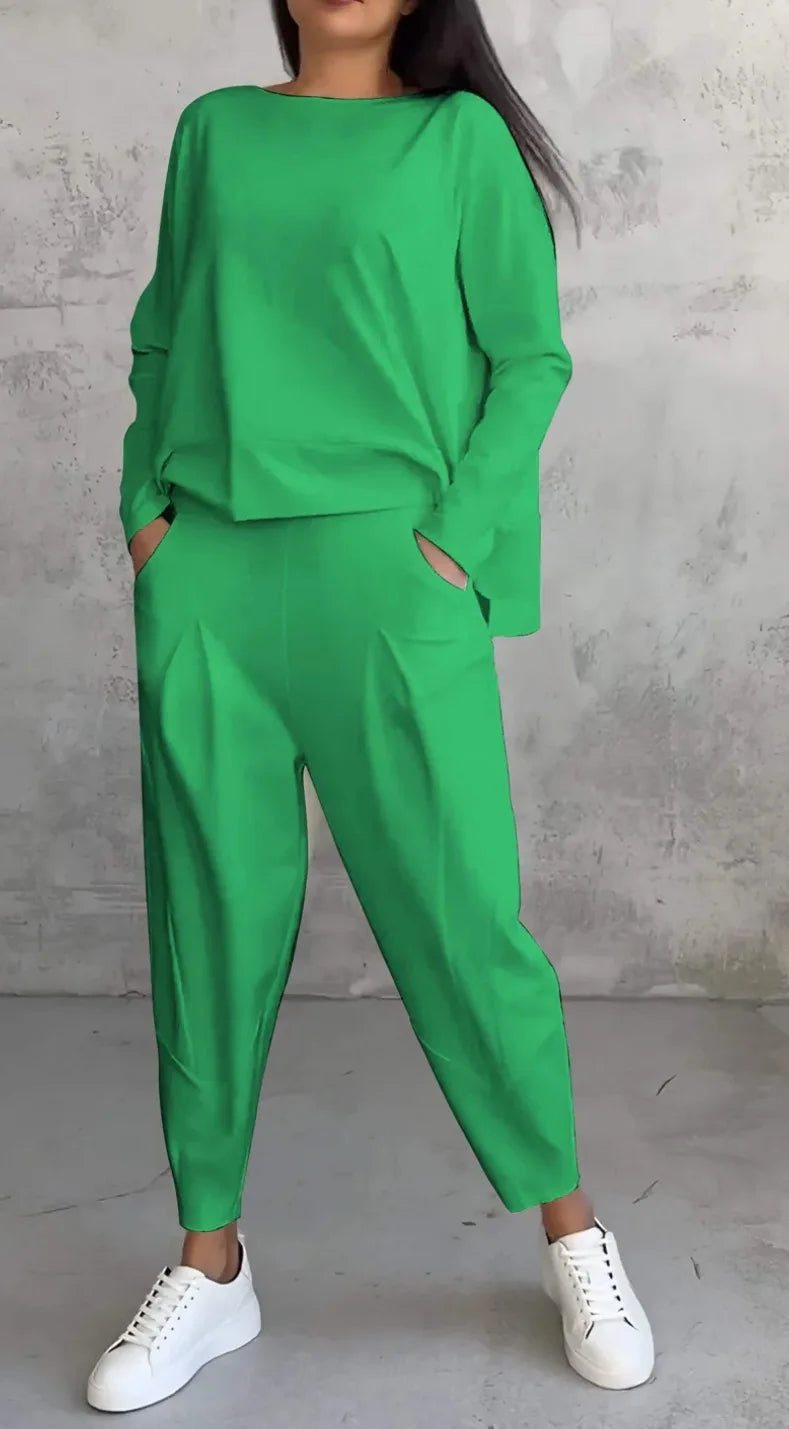 Tracksuits Women's Trousers Suit O-neck Long Sleeve Loose T-shirt Solid Color Trousers Pocket Simple 2-piece Set Loungewear