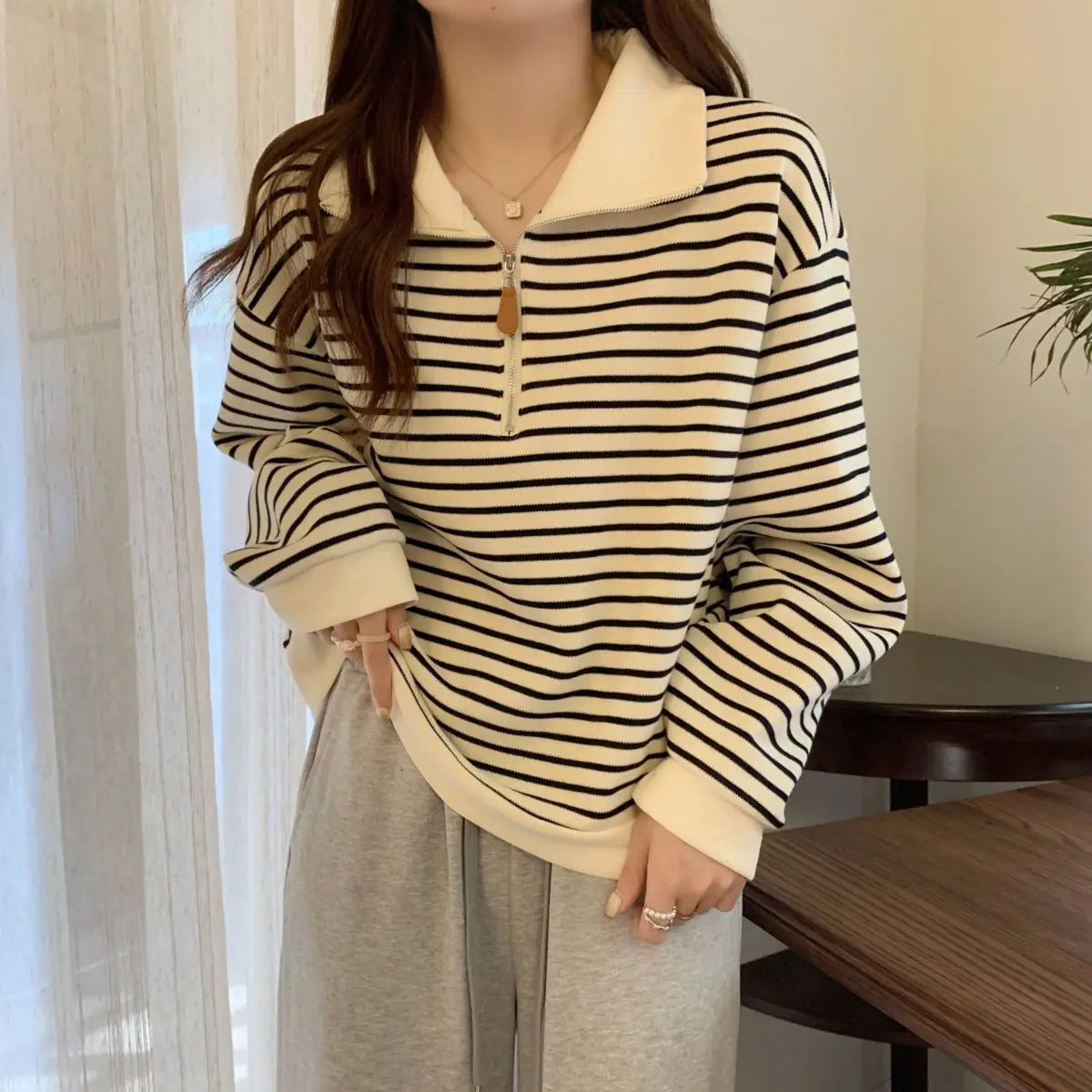 Women Striped Half Zip Sweatshirt Long Sleeve Collared Pullover Casual Fit  Fashion Oversized Streetwear Tops 2026 Tendencias BAZAARHUBO