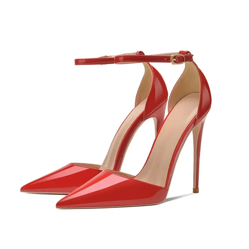 Patent Leather Women Ankle Strap Stiletto Pumps Pointed Toe Sexy High Heel Shoes 8cm 10cm 12cm Customize 33-46 Talon Femme