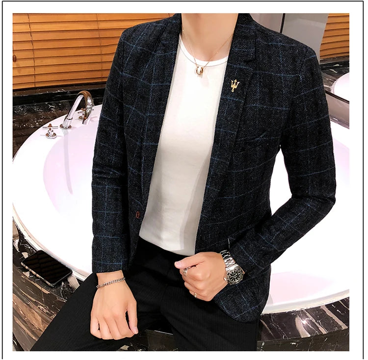 Spring and Autumn New Boutique Japanese Style Print Stand Collar Mens Casual Jacket Slim Male Coat Male Plaid Suit Jacket Blazer