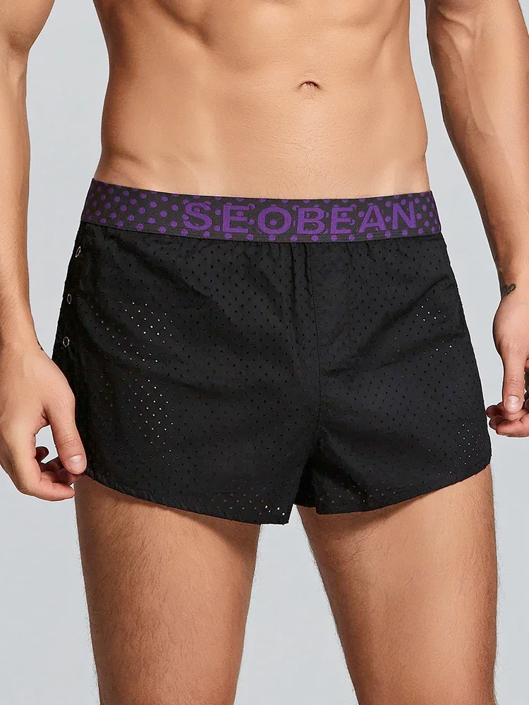Summer new woven pure cotton Aro pants with side split button design, breathable mesh single-layer sleeping pants for men