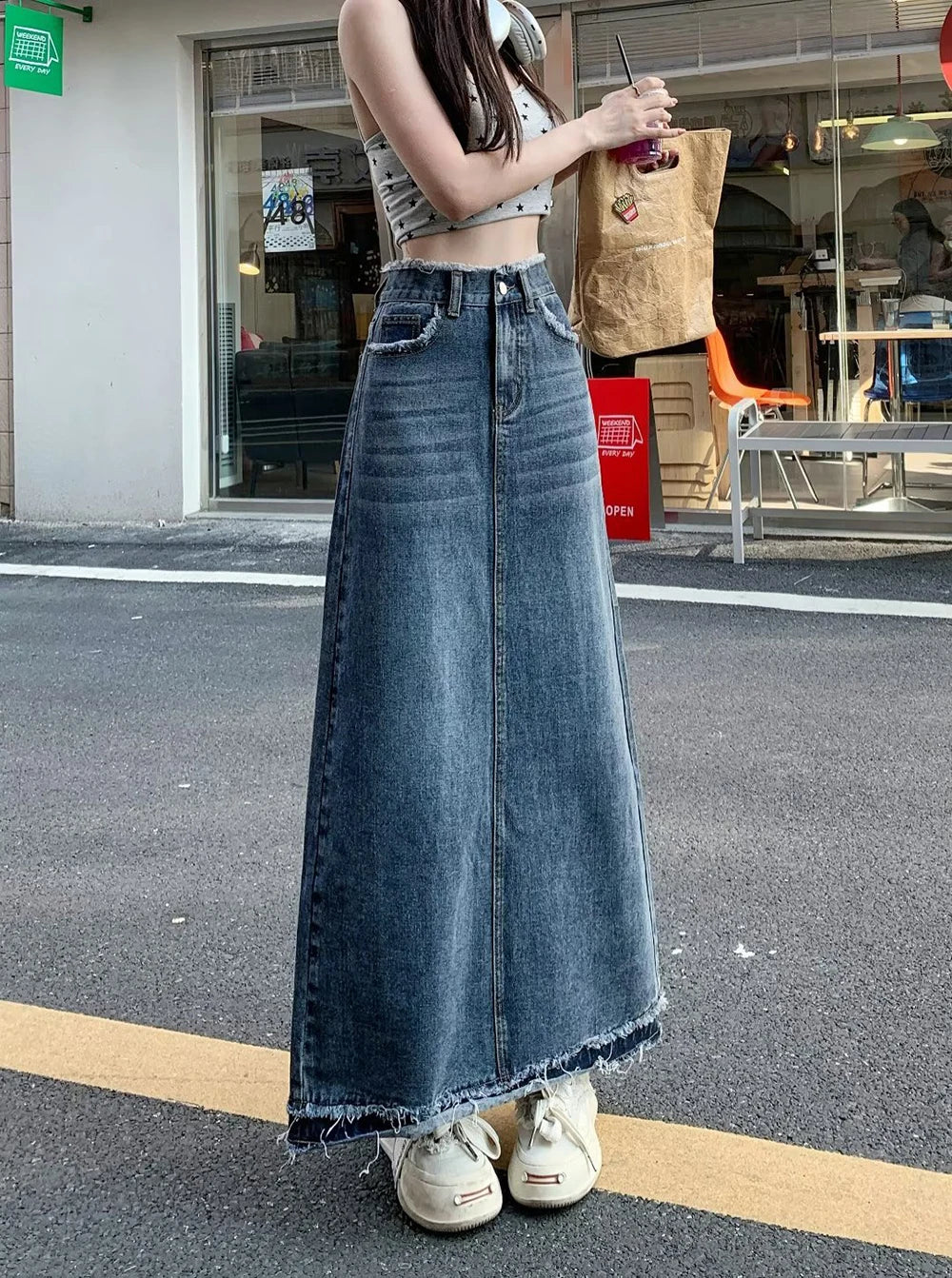 Summer Street Style Rough Edge Skirt Korean Version Women Retro Casual High-waisted A-line Skirt Temperament Loose Denim Skirts