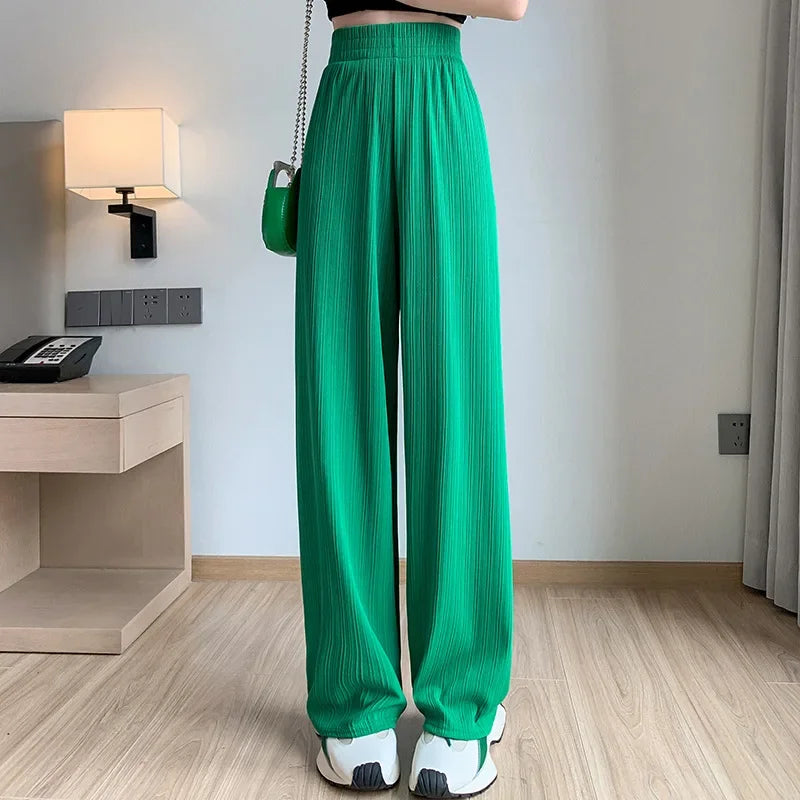 Thin Summer Wide-leg Pants Ice Filament Permeability Women Spring  Women Elastic Waist Stright Long Pants