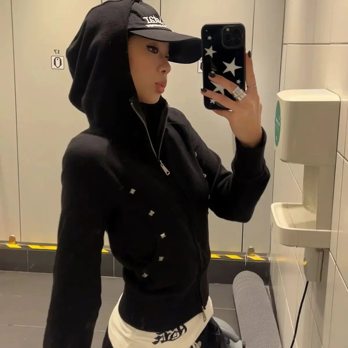 Harajuku Casual Rivet Hooded Hoodies 2025 Autumn Women Y2k Aesthetic Dual Zippers Streetwear Coats Grunge Slim Fit Sweatshirts