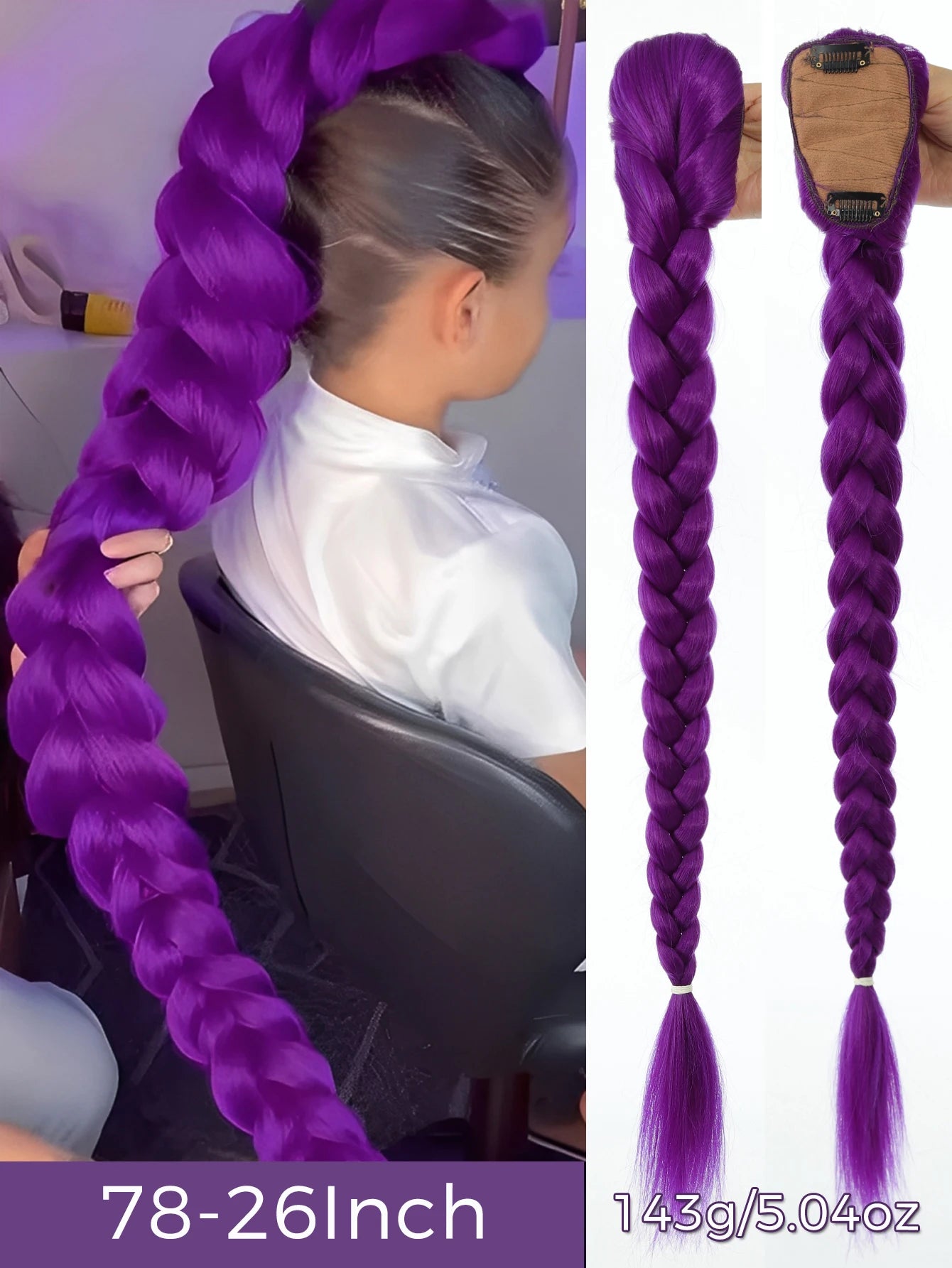 Synthetic 26inch Long Ponytail with Clips Braided Purple Hair Ponytail Rumi Costume Hairstyle for Kids Girls Halloween Christmas