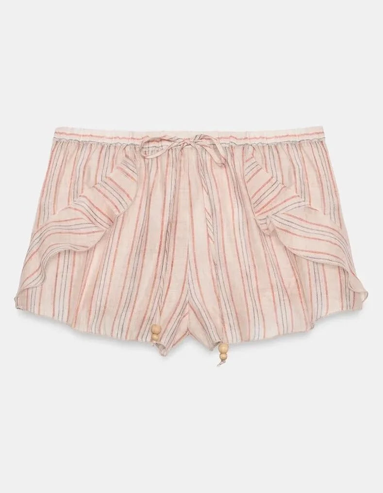 KONDALA Casual Striped Summer Woman Suits Lace-up V-Neck Shirt+ Drawstring Lace Shorts Fashion 2026 Female Elegant Tiered Sets