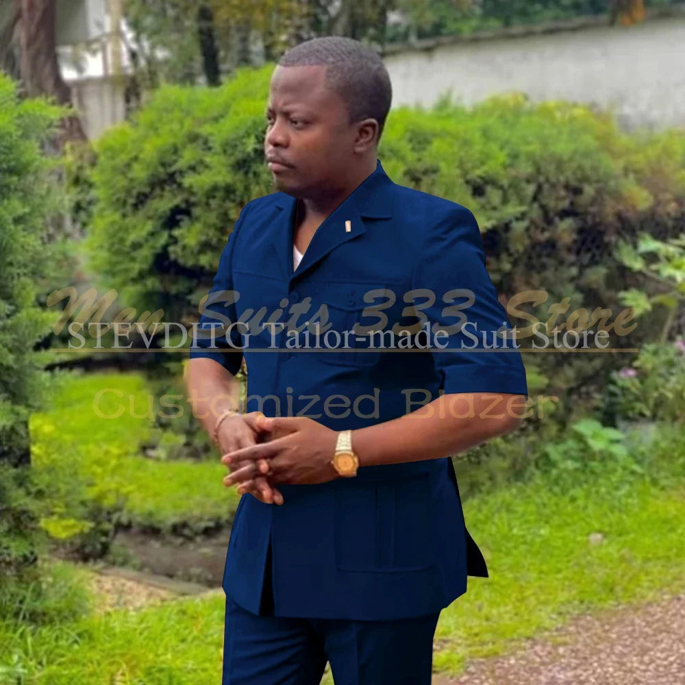 Safari Men Suits with Short Sleeve 2 Pieces Single Breasted Stand Notch Lapel African Fashion Style Set Jacket Pants