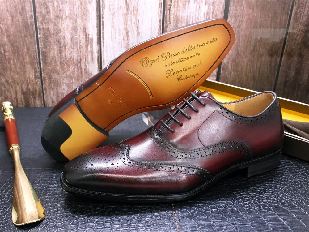 Noble Purple Handmade Mens Brogue Carved Leather Shoes Genuine Leather Men's Dress Shoes Classic Business Formal Shoes for Men
