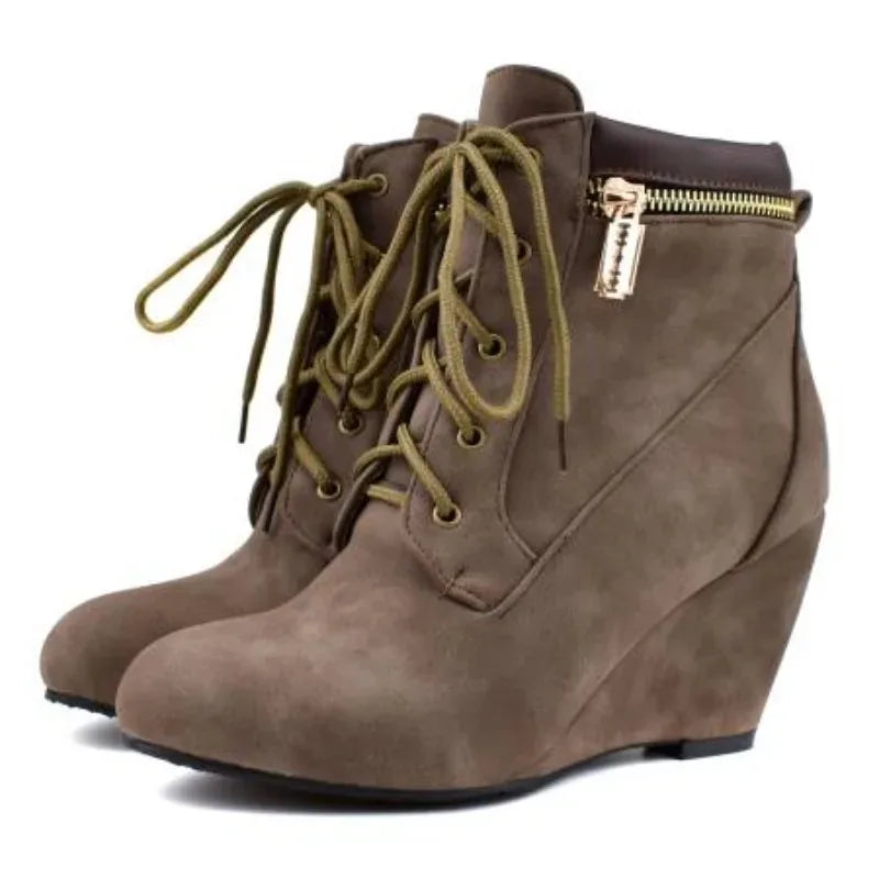 Winter Women Snow Boots Round Toe Lace Up Casual Wedge Ankle Boots for Women Shoes High Heels Women Motorcycle Boot Large Size