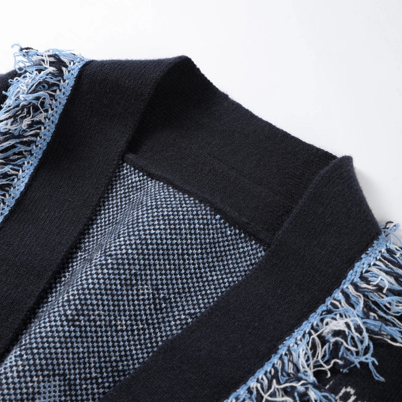 Elegant Print Tassel Cardigan Women Belt V-neck Long Sleeve Loose Knitted Sweaters Female 2025 Autumn Winter Chic Knitwears Lady