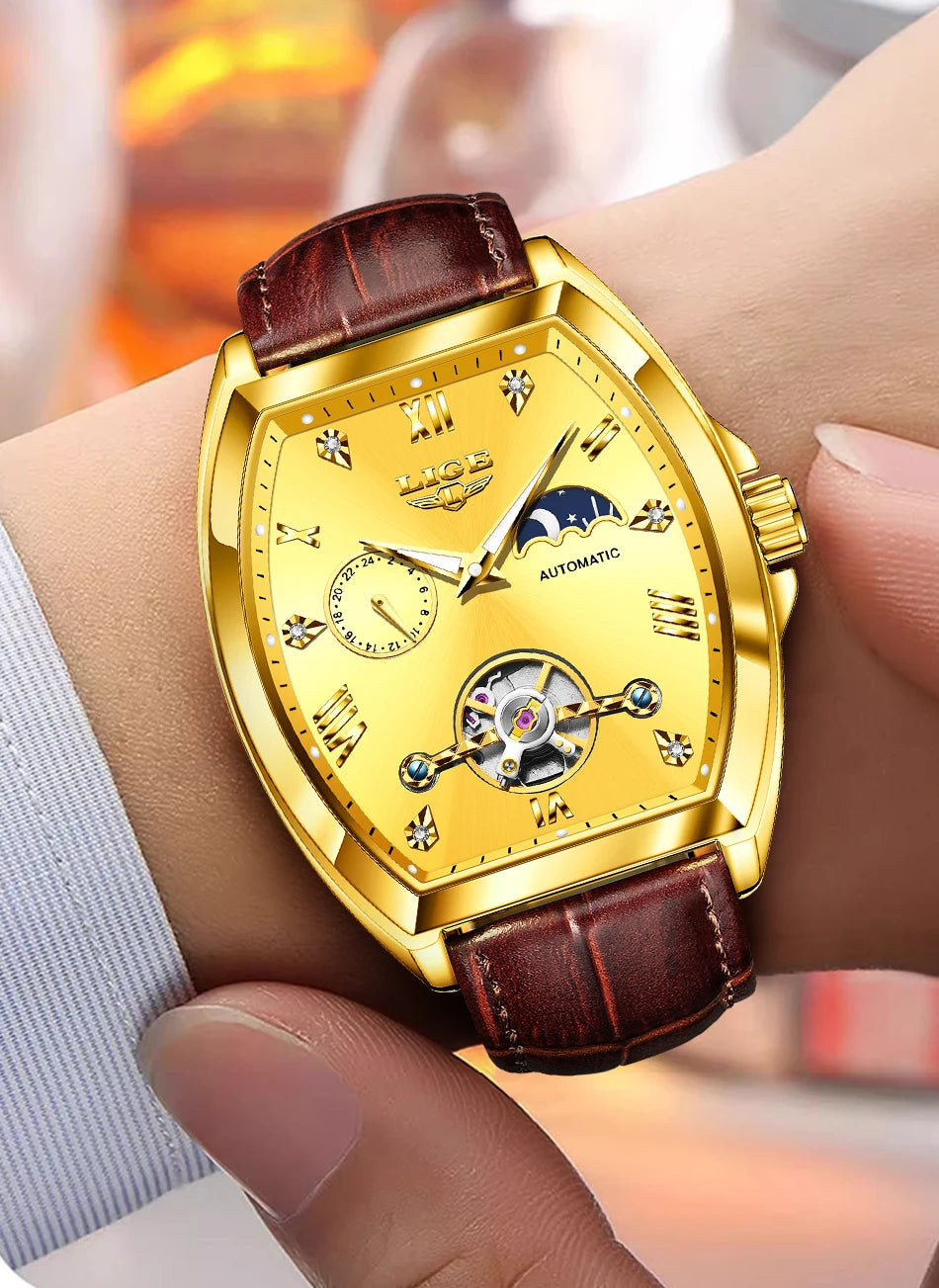 LIGE Luxury Mens Rectangular Dial Mechanical Watches Waterproof Leather Automatic Luminous Watch Business Men relogios masculino