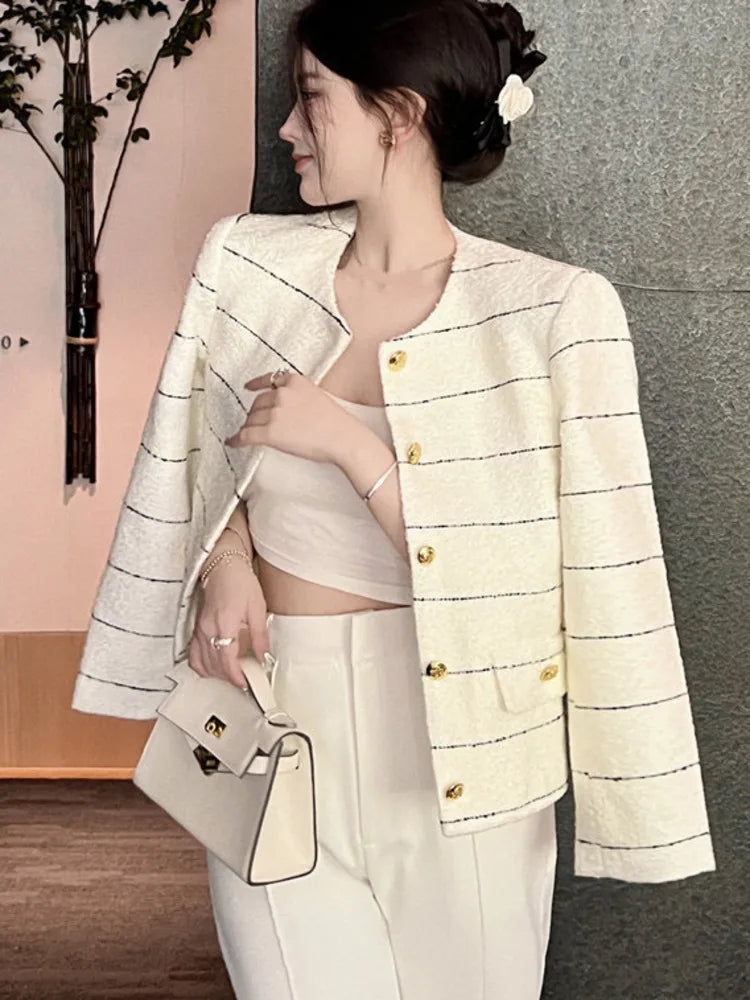 Korean Fashion Casual Small Fragrance Tweed Jacket Coat Women Fall Winter Fried Street Striped Coat Casaco Woolen Outwear Top