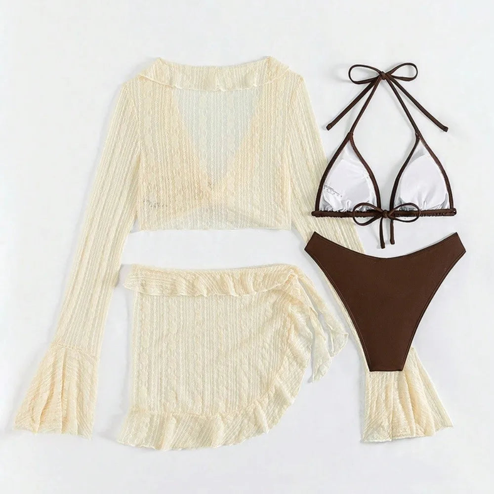 4Pcs/Set Fashion Summer Women Swimsuit Long-sleeve Party Cover-up Swimwear Vacation Casual Brazilian Beachwear for Women