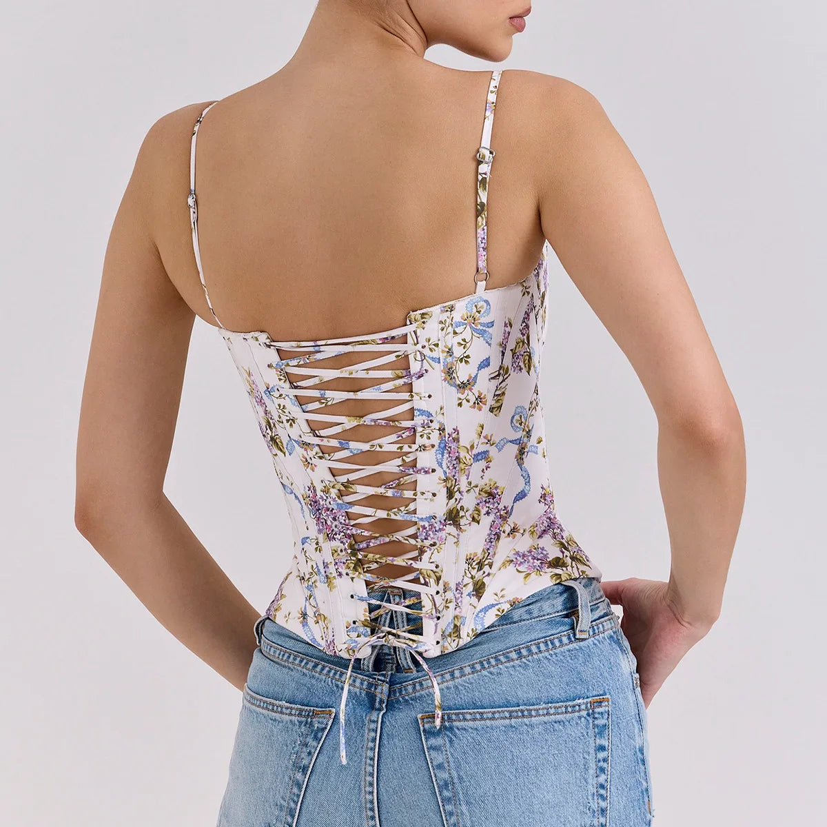 Suninheart Summer Corset Top Sexy 2025 Floral Print Camisole Vest for Women Backless Slim Fit Drawstring Top for Night Club