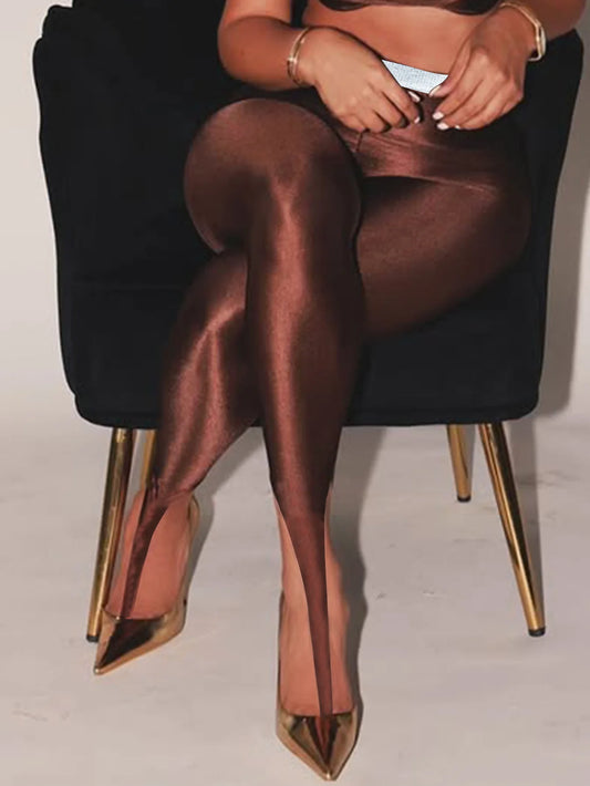 Shiny High-waisted Lustrous Leggings Sexy And Elegant High-elasticity Silver-threaded Waist Skinny Pants Autumn Glossy Pants