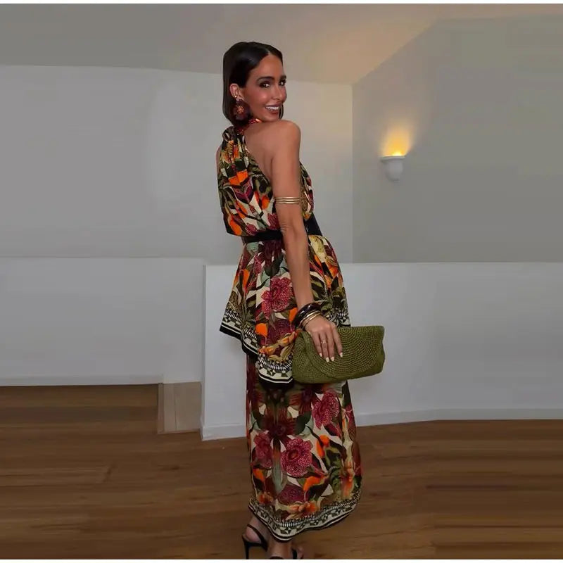 Halter Neck Floral Print Split Set Sleeveless Casual Top Tropical Wrap Slit Maxi Skirt 2026 Summer Bohemian Holiday Women Outfit