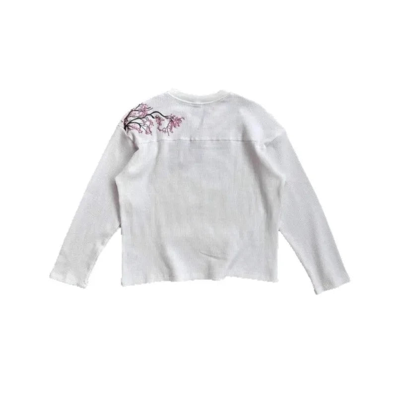 Deeptown White Cherry Blossom Embroidery Man Women T-Shirts Long Sleeve Oversized Waffle Tees Basic Harajuku Casual Streetwear