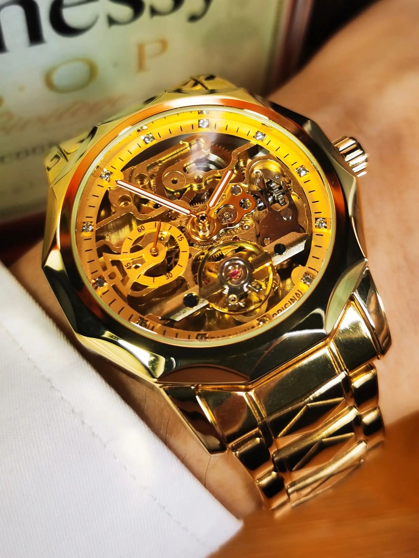Forsining Fashion Tourbillon Skeleton Automatic Mechanical Watch for Men Luminous Hands Iced Out Watches Stainless Steel Strap