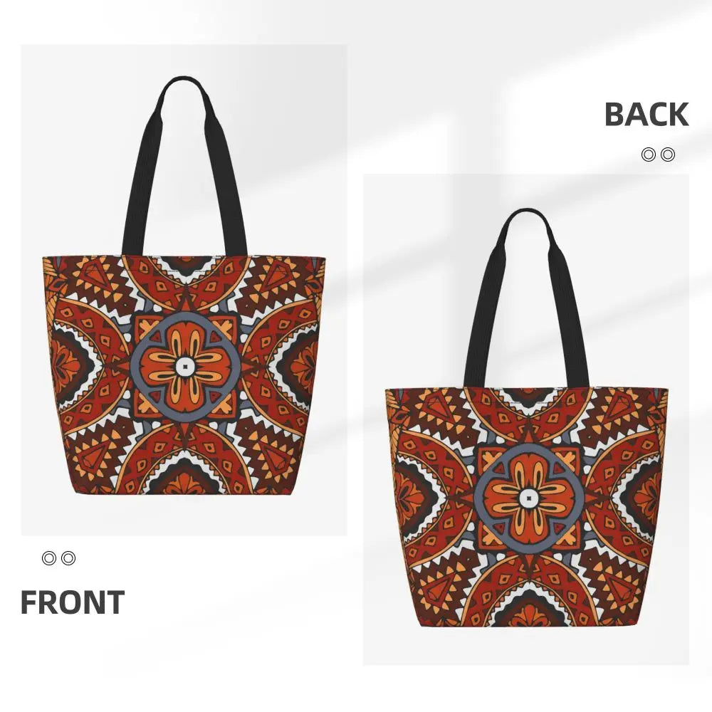 African Ankara Prints Grocery Shopping Tote Bags Women Geometric Ethnic Art Canvas Shoulder Shopper Bags Big Capacity Handbag