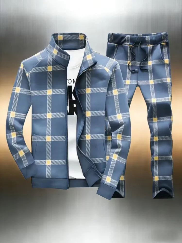 Men's Plaid Tracksuit 2 Piece Set Office Man Stand Collar Full Zip Jacket + Jogger Pants Casual Sportswear Outfit Male Clothings