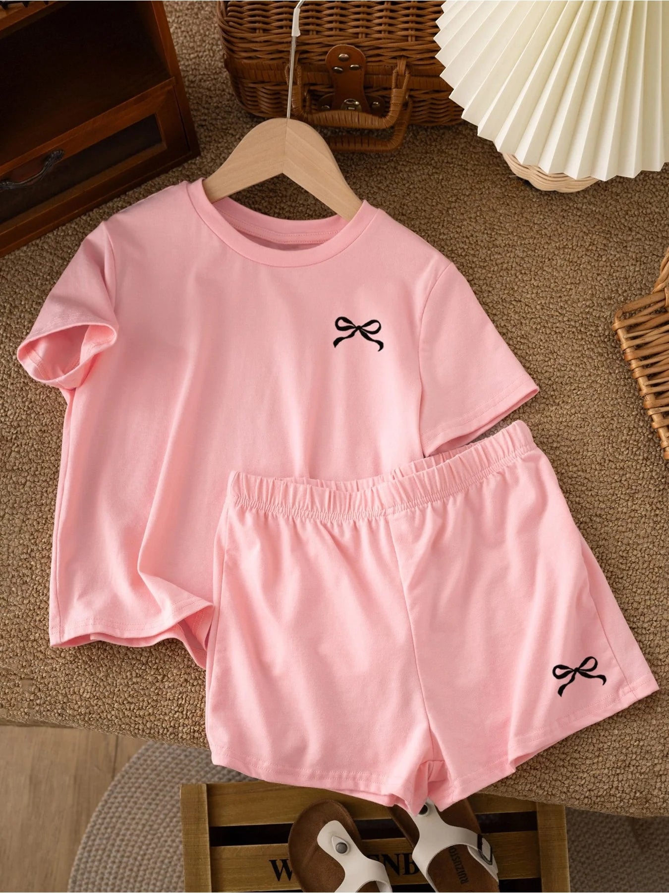 Casual Children's Clothing Set Solid Color Printed round Neck Short Sleeve Top with Wide Leg Shorts Pants for Kids