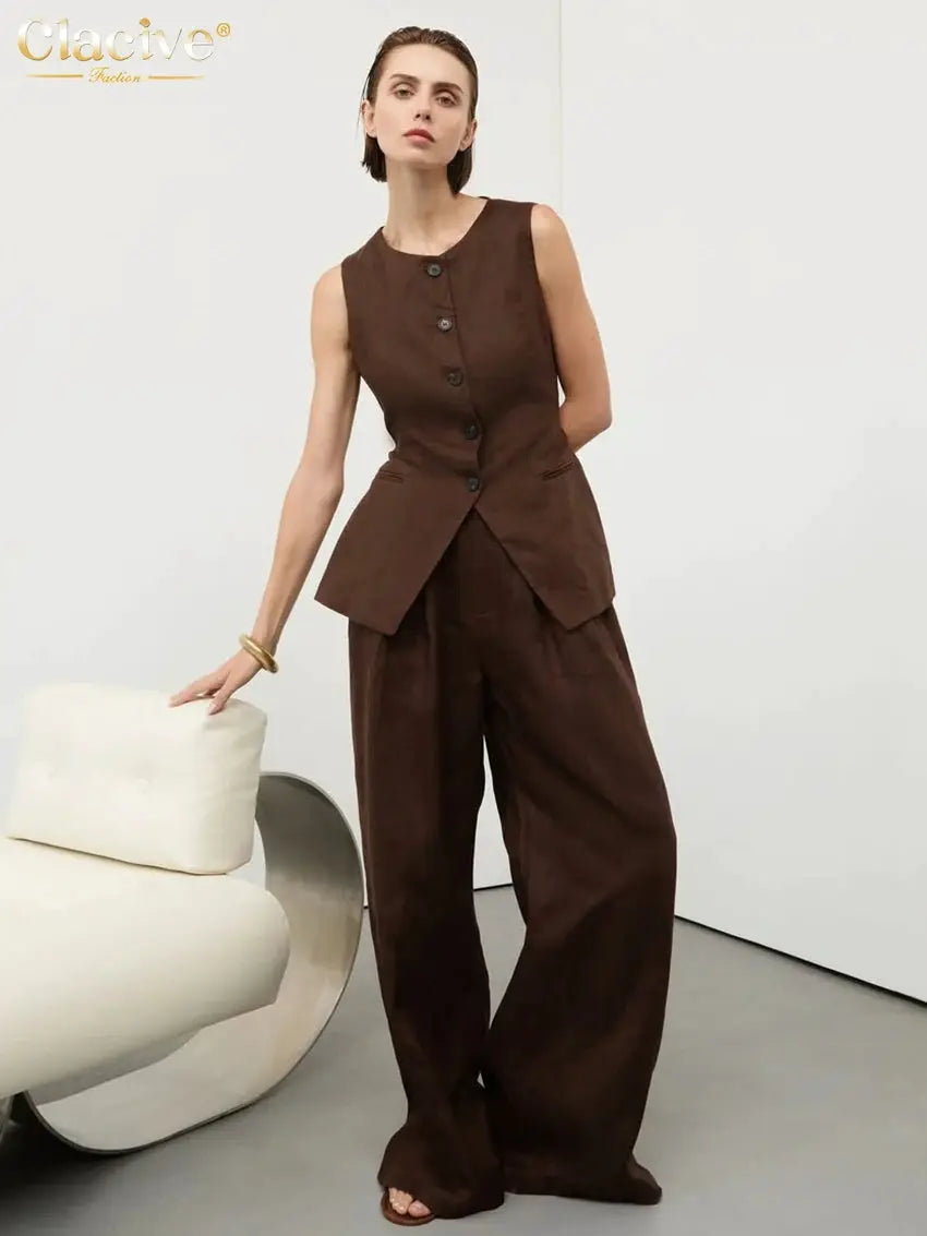 Clacive Summer Slim Brown Linen Pants Set 2 Piece Woman Fashion Sleeveless Tank Top With High Waist Wide Trousers Suits Female BAZAARHUBO