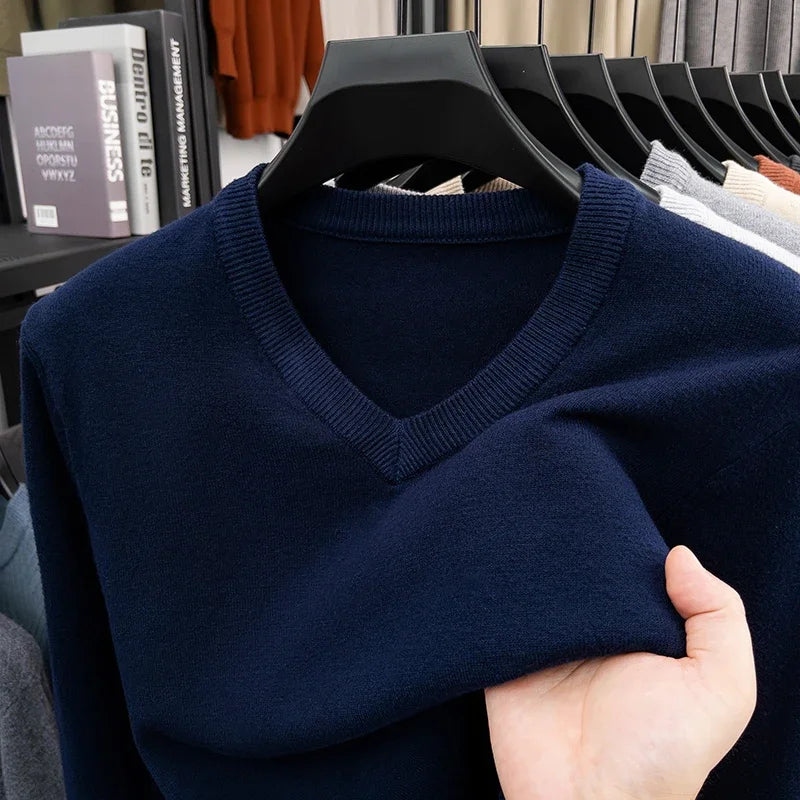 2026 Men's V-Neck Basic Solid Color Sweatshirt Warm Autumn Knitted Oversize Pullover Elastic round Neck Sweater for Casual Wear BAZAARHUBO