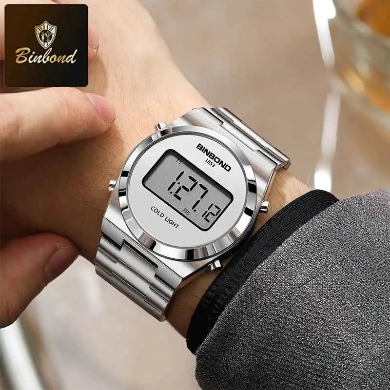 BINBOND New Men Electron Watch Luxury Stainless Steel LED Digital Waterproof Men Wristwatch Luminous Sports Clock Reloj Hombre