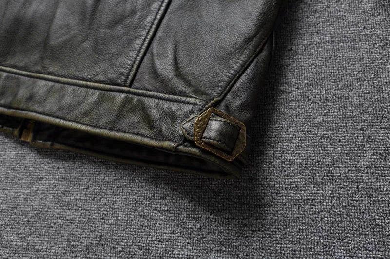 American Leather Jacket Men's Motorcycle Jacket Retro Distressed Graphite Olive Green Slim Lapel Jacket New Style