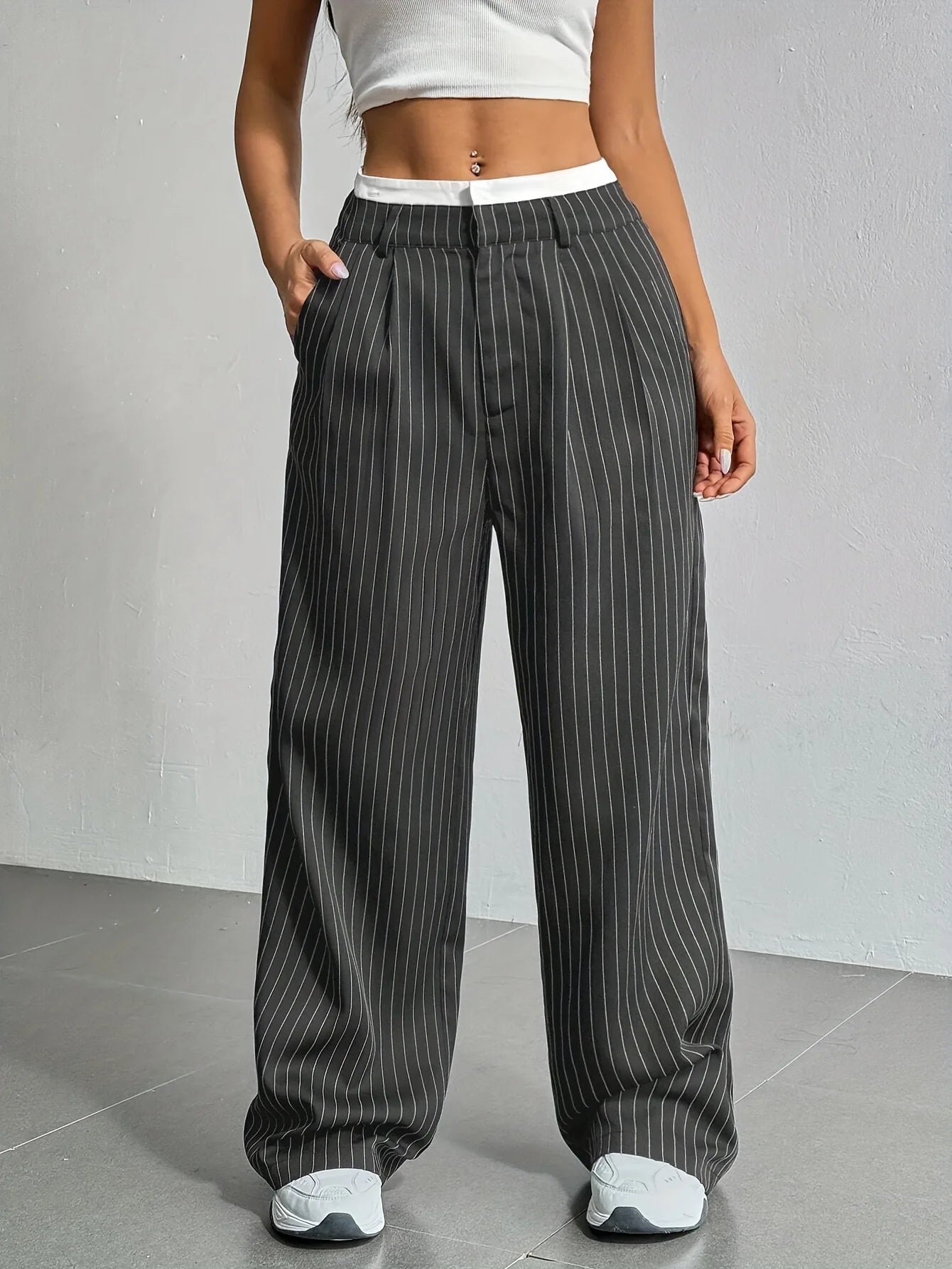 Fashion Pants Women's Stripe Straight Pants 2024 Autumn Winter High Waisted Casual Suit Pants Office Lady Women Trousers Bottoms BAZAARHUBO