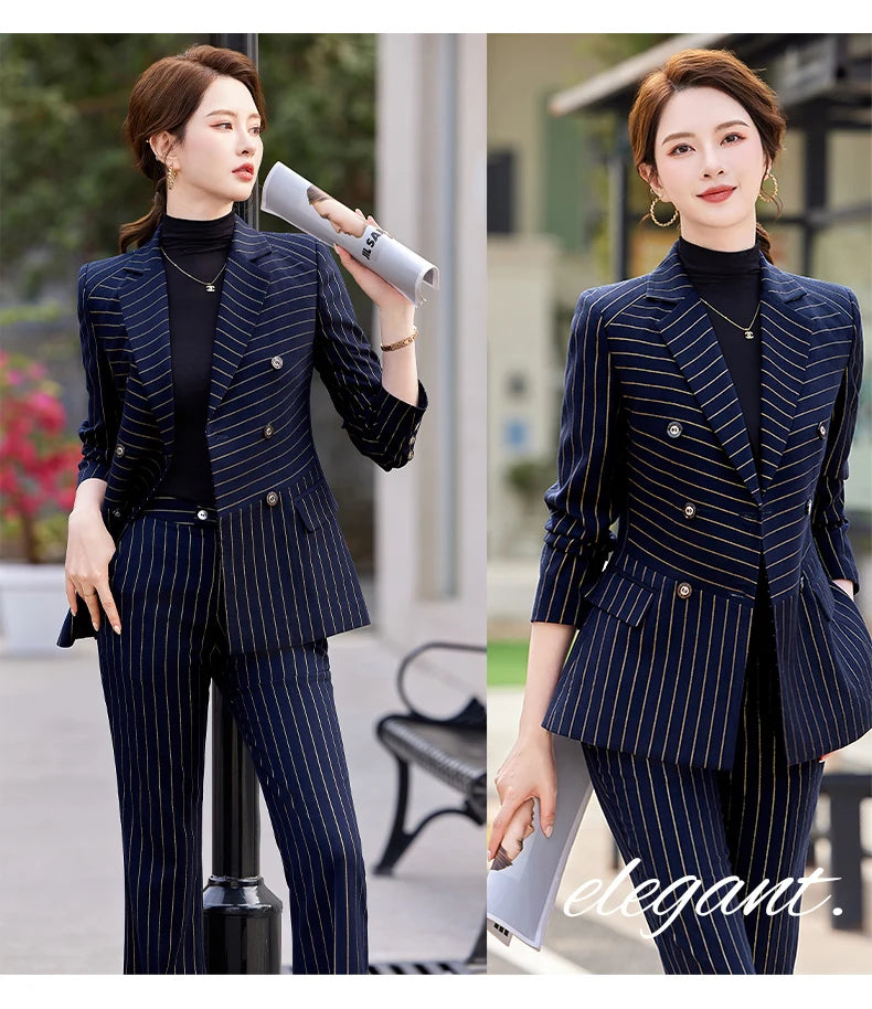 NAVIU Fashion Women Office Ladies Formal Golden stripes Pants Suit Set Female Business Work Wear Blazer Jacket And Trouser