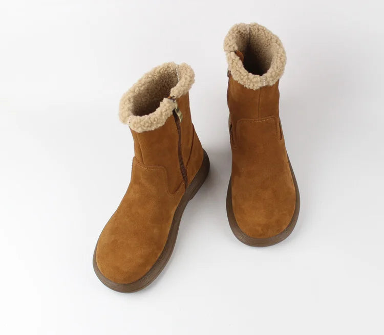 Careaymade-Genuine cow leather Snow cotton round head flats woolen short boots plush warm snow boots Oversized shoes size 35-43