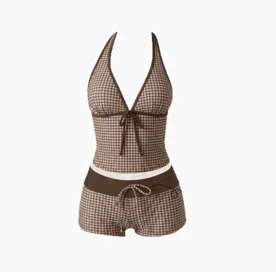 Summer Beach Swim Outfits Women Halter V-Neck 2-Piece Tankini Tie Camisole Top Slim Contrast Waistband Seaside Pool Suits
