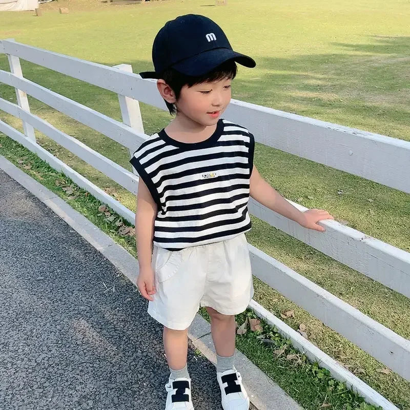 Boys' Striped Summer Casual Clothing Girl Children Handsome Boy Baby Sleeveless Vest and Shorts Set Kids Clothes Boys Outfits