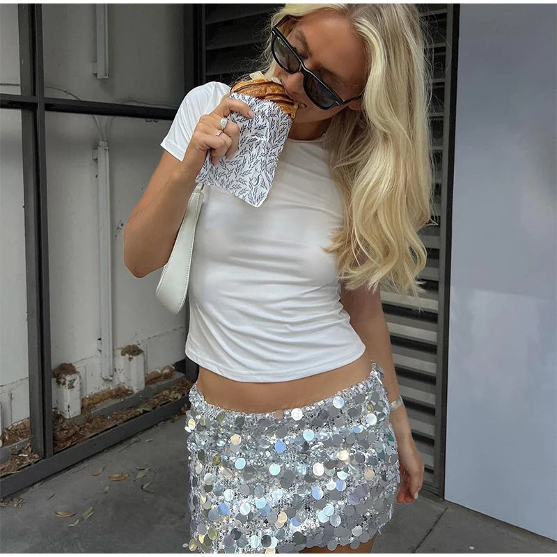 Sexy Sequined Women's Mini Skirts Chic High Waist Short A-line Beach Skirt 2026 Spring Summer Lady Y2k Party Wear