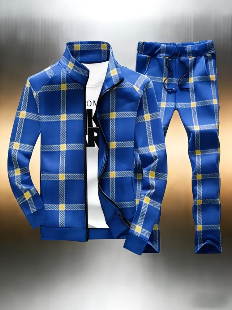 Men's Plaid Tracksuit 2 Piece Set Office Man Stand Collar Full Zip Jacket + Jogger Pants Casual Sportswear Outfit Male Clothings