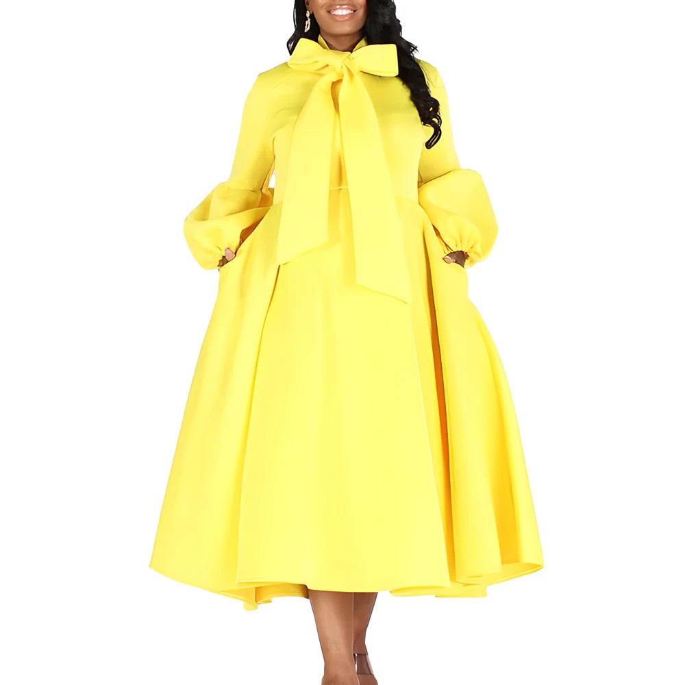 Church Dresses for Black Women African Vintage Fashion Bow Neck Formal Party Dress Ladies Elegant Swing Evening Dress Nice
